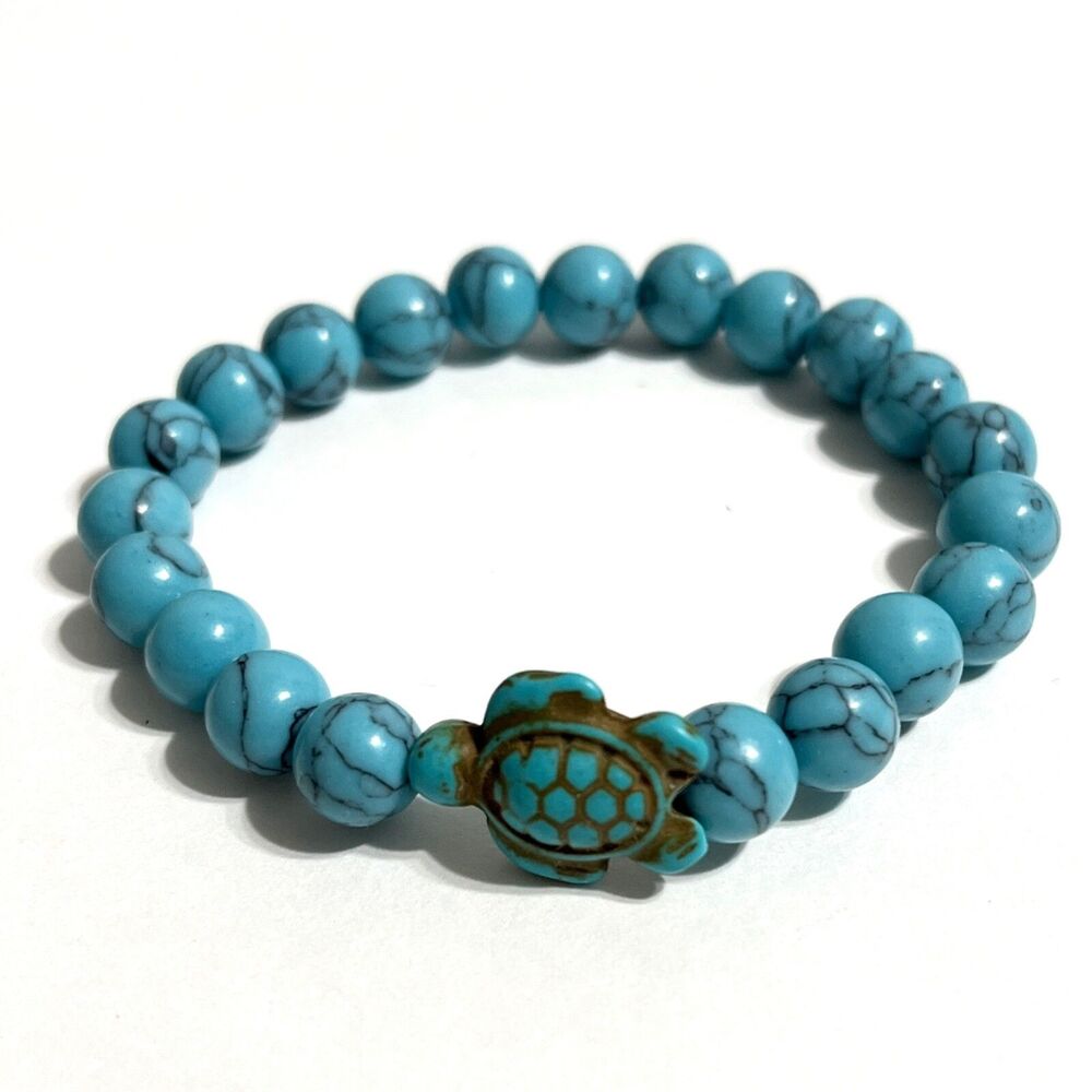 Sea Turtle Howlite Stone Beaded Stretch Bracelet Blue Simulated Turquoise Ocean